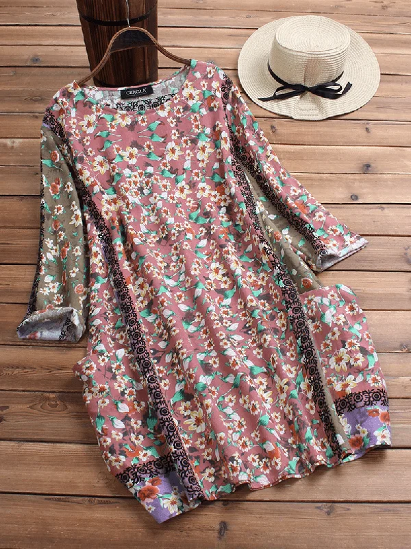 Price Fest casual midi dressVintage Women Random Floral Print Crew Neck 3/4 Sleeve Dress