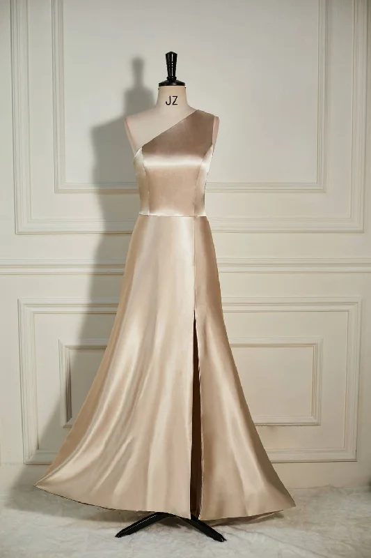 Amazing Deals high-waisted dressChampagne One Shoulder A-line Satin Long Dress with Slit