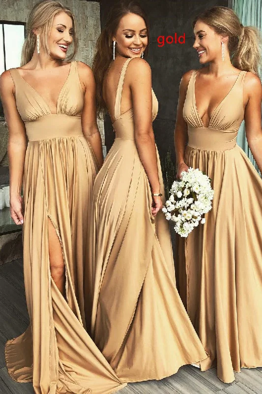 Bonus Savings casual summer dressElegant A-Line V Neck Gold Long Bridesmaid Dress with Side Slit