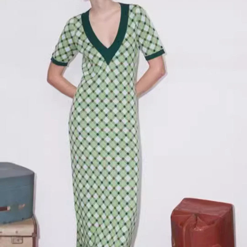 Limited Time Offer wrap dressGreen Plaid Retro V-neck Knitted Mid-length Dress