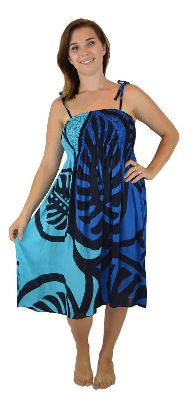 Extra Savings Island Style Elastic Dress - Bold Monstera (Blue)
