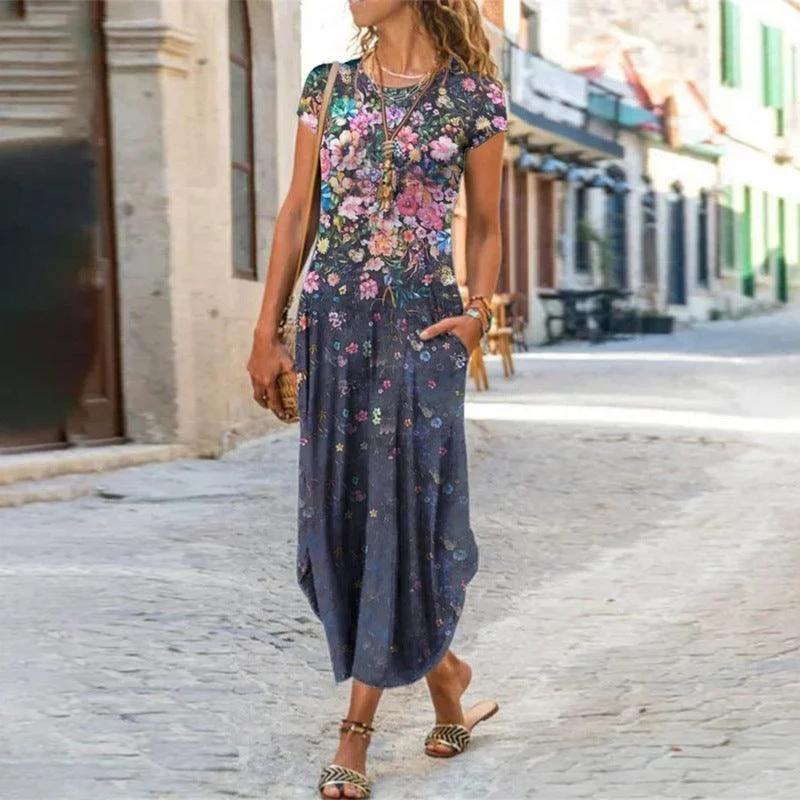 Today’s Deal satin midi dressWomen's Trendy Printed Short Sleeve Dress with Round Neck and Pocket