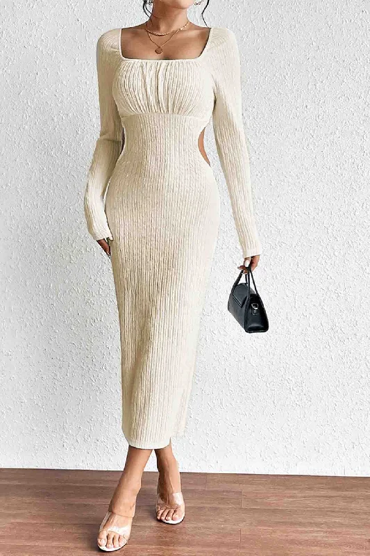 one-shoulder dressSquare Neck Long Sleeve Cutout Knit Dress