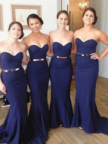 Early Bird Discount knit dressMermaid Navy Blue Bridesmaid Dress - Sweetheart Gold Belt