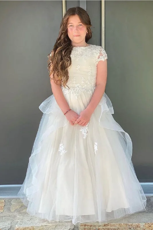 Clearance Event bodycon dressIvory Cap Sleeves Appliques Ruffle-Layers Long Flower Girl Dress
