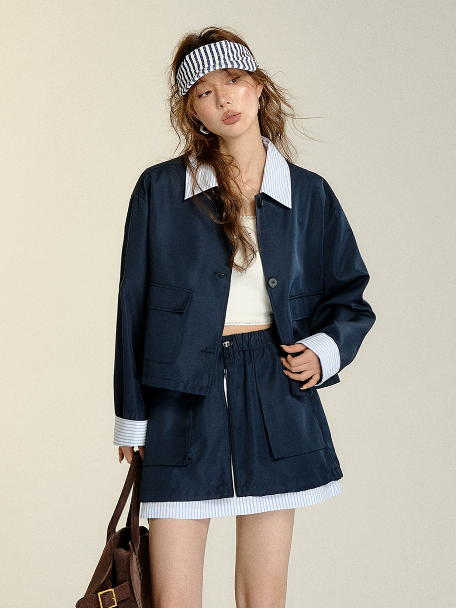 sleek and warm coatNavy Blue Faux Two-piece Striped Jacket