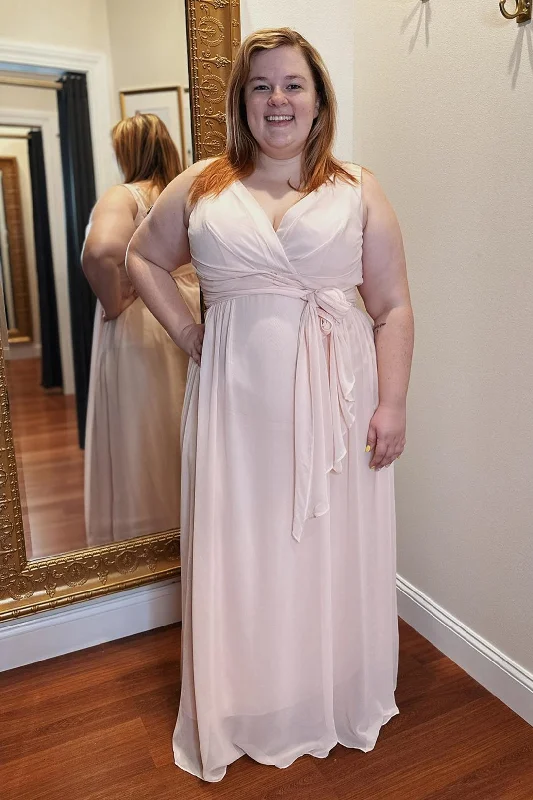 Shop and Save lace-up dressPink Surplice Chiffon Long Bridesmaid Dress with Sash
