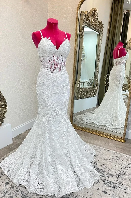 Hot Deal puff sleeve dressMermaid White Lace Long Wedding Dress