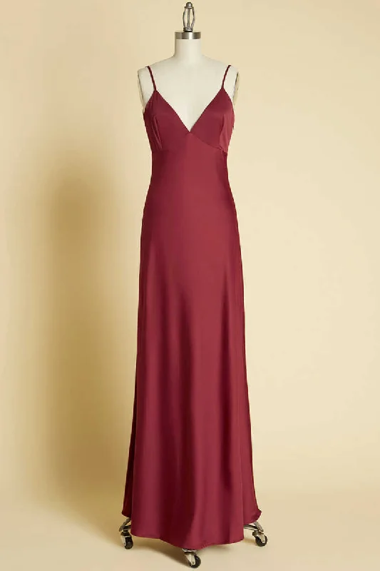 Great Deals classic fit-and-flare dressSimple Burgundy V-Neck Backless Long Formal Dress