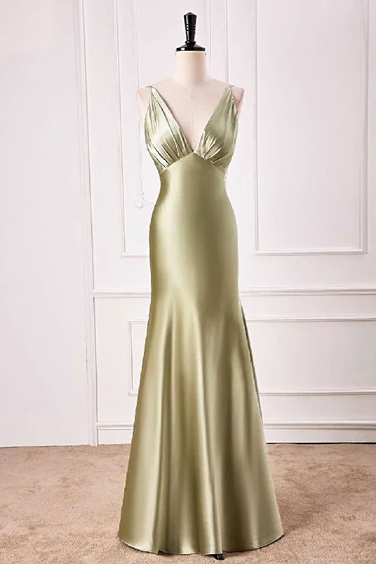 Weekend Deal off-shoulder dressDusty Sage Plunging V Neck Mermaid Satin Long Prom Dress
