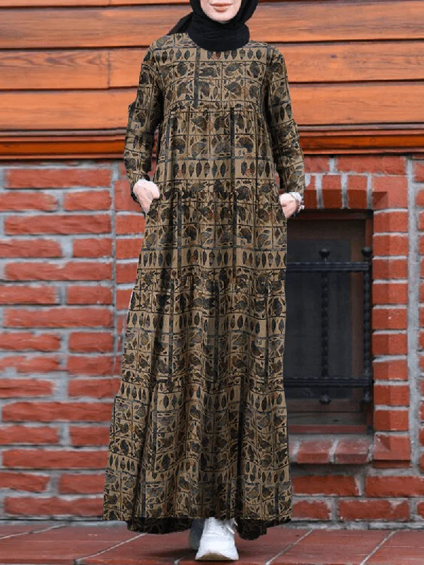 Quick Sale shift dressWomen Floral Printing O-Neck Back Zipper Kaftan Long Sleeve Maxi Dresses with Pocket