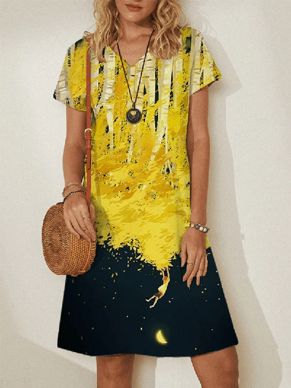 Midnight Madness trendy mini dressCartoon Natural Print V-Neck Short Sleeve plus Size A-Line Casual Dress