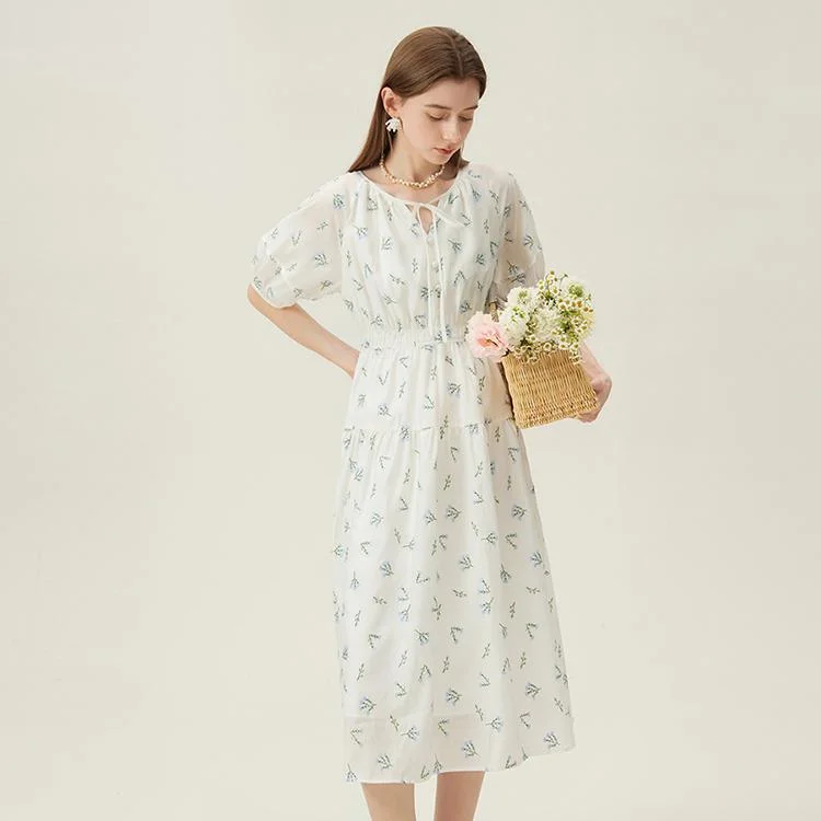 Overstock satin dressSummer Floral Embroidery Midi Dress with Lantern Sleeves for Women