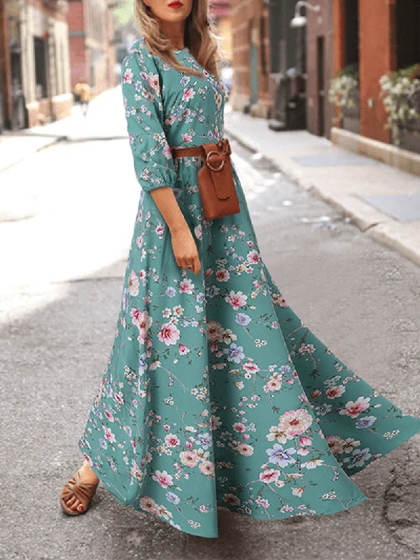 Final Markdown flowy evening dressWomen Bohemia Floral Print O-Neck Casual Half Sleeve Holiday Maxi Dresses