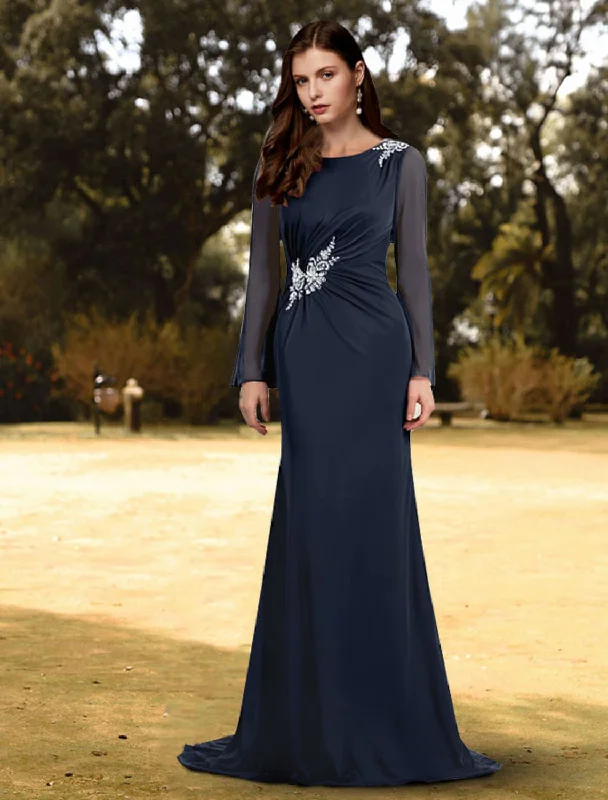 Buy Now Sheath / Column Evening Gown Empire Dress Wedding Guest Sweep / Brush Train Long Sleeve Jewel Neck Chiffon with Sash / Ribbon Pure Color Shouder Flower Buy Now Sheath / Column Evening Gown Empire Dress Wedding Guest Sweep / Brush Train Long Sleeve Jewel Neck Chiffon with Sash / Ribbon Pure Color Shouder Flower