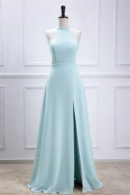 The Best Prices off-the-shoulder dressBlue Halter A-line Chiffon Long Bridesmaid Dress with Slit