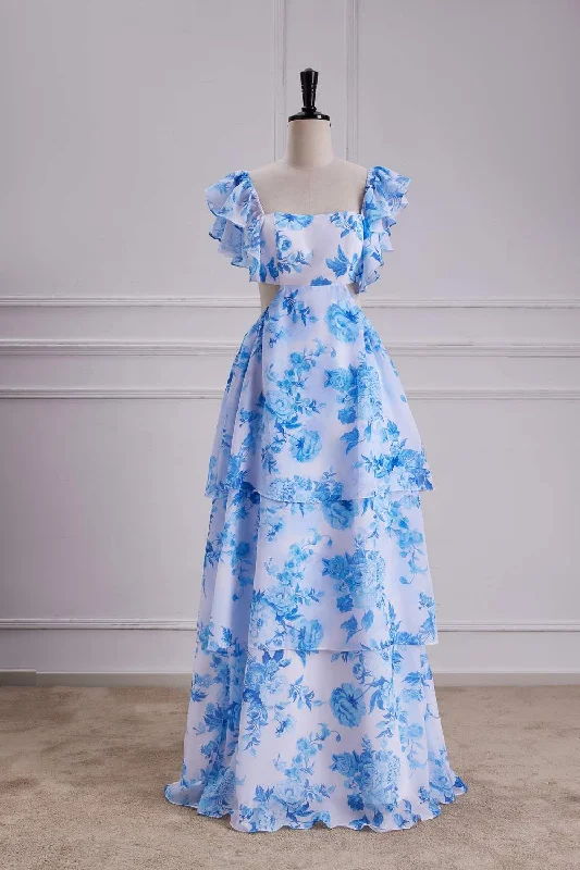 Great Deals romantic dressBlue Floral Bow Tie Flutter Sleeves Layers A-line Long Bridesmaid Dress