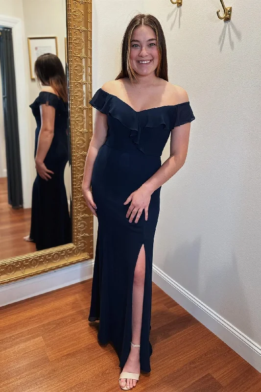 Super Bargain flowy evening dressDark Navy Off-the-Shoulder Ruffles Mermaid Long Bridesmaid Dress with Slit
