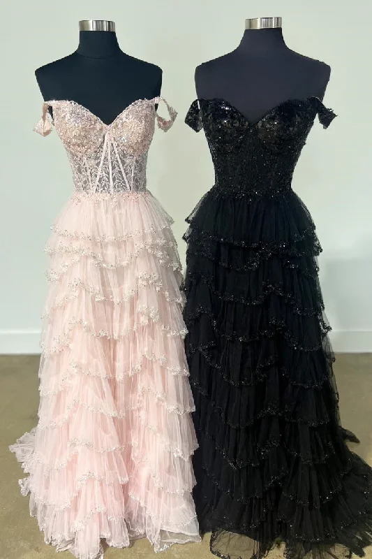 Overstock party dressLight Pink Floral Layers Sequined Long Prom Dress
