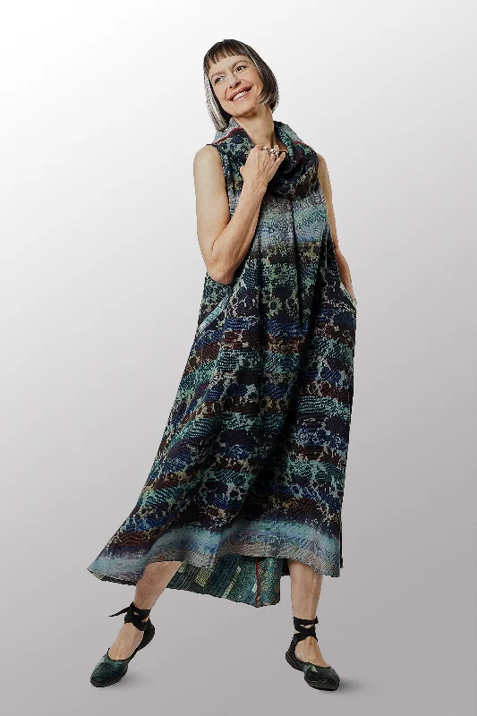 Can't Miss VINTAGE SILK GEORGETTE KANTHA COWL NECK MAXI DRESS - sg2438-0004m -