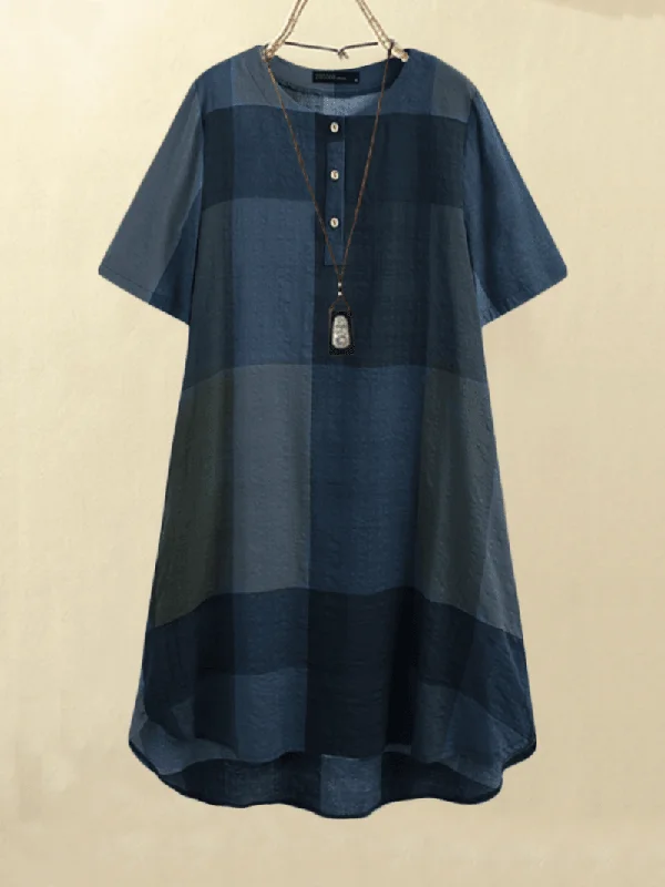 Massive Deals pleated dressWomen Vintage Plaid Print Button Front O-Neck Short Sleeve Loose Casual Shirt Dress with Pocket