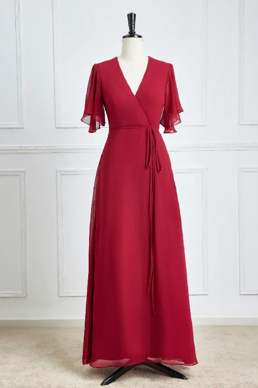 Last Chance party-ready dressWine Red Surplice Flaunt Sleeves A-line Long Bridesmaid Dress