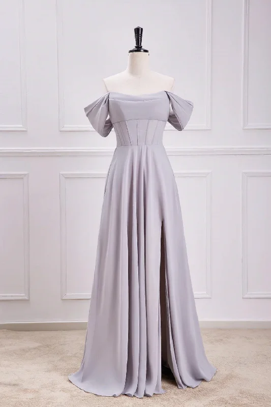 Can't Miss tiered dressGrey Off-Shoulder A-line Long Bridesmaid Dress with Slit
