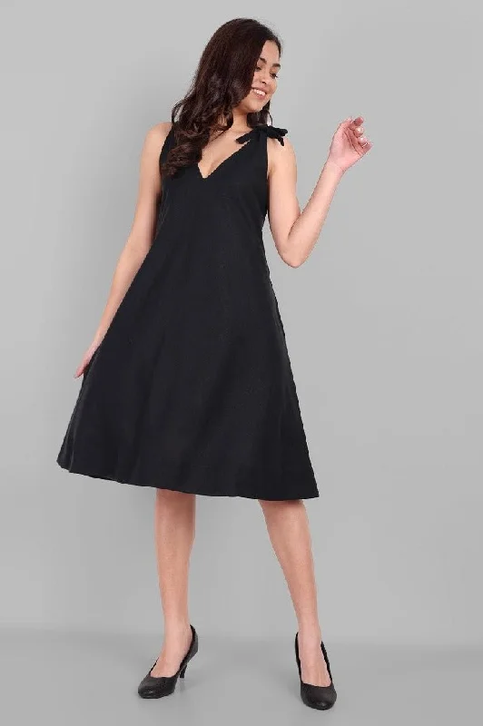 Crazy Deals Black Cotton Handcrafted Knot Dress