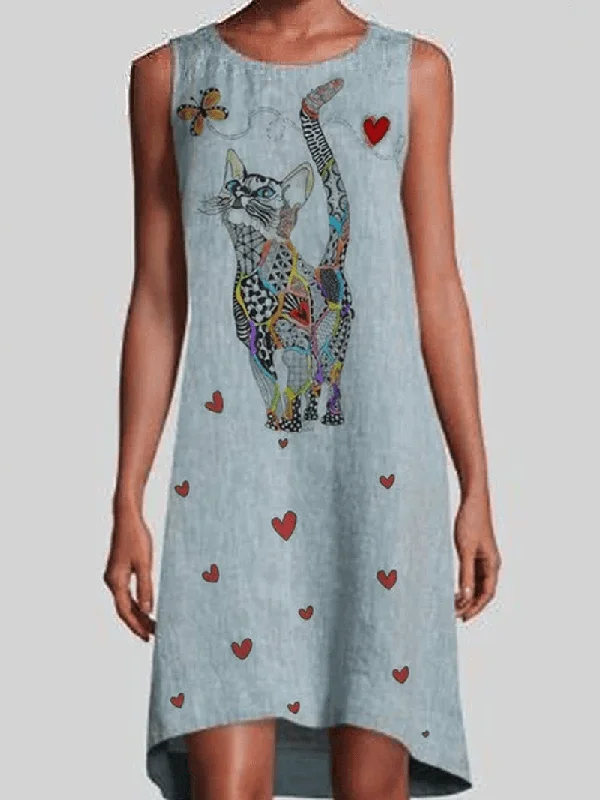 Act Fast v-neck dressWomen Colorful Cat Print Sleeveless Vintage Dresses