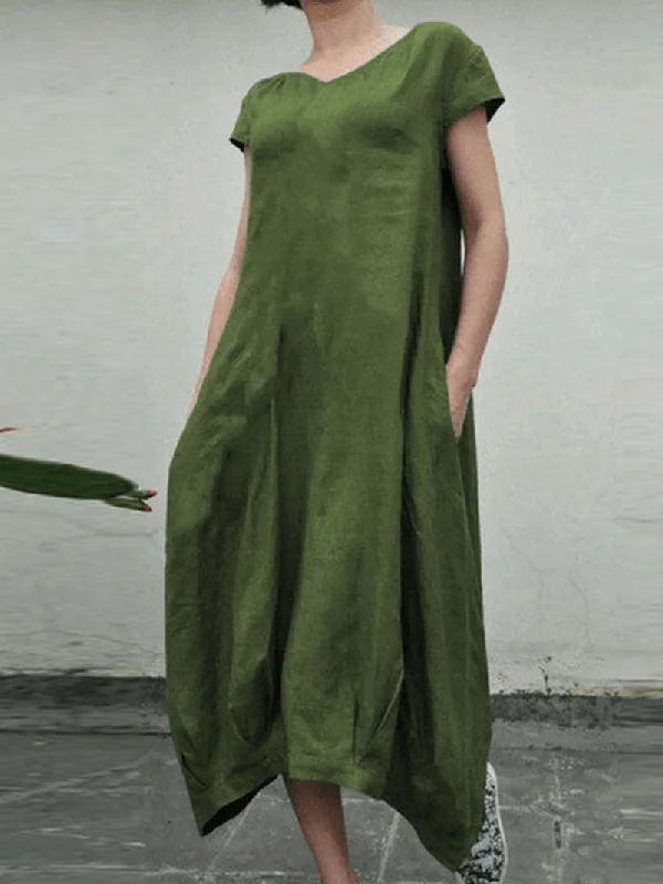 Overstock Sale knit dressWomen Short Sleeve O-Neck Pleated Solid Causal Dress