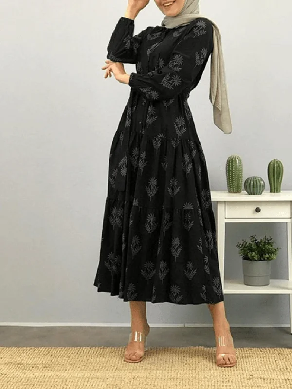 Amazing Deals chic dressWomen Floral Print Lapel Puff Sleeve Kaftan Maxi Dress with Belted