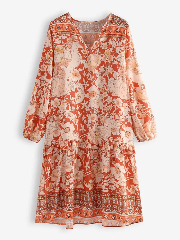 Mega Sale elegant shift dressBohemian Floral Print Patch V-Neck Loose Casual Dress