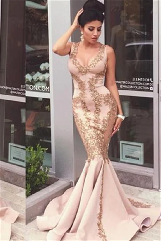 Blowout Deals Pink Lace-Appliques Mermaid Sleeveless Prom Dresses