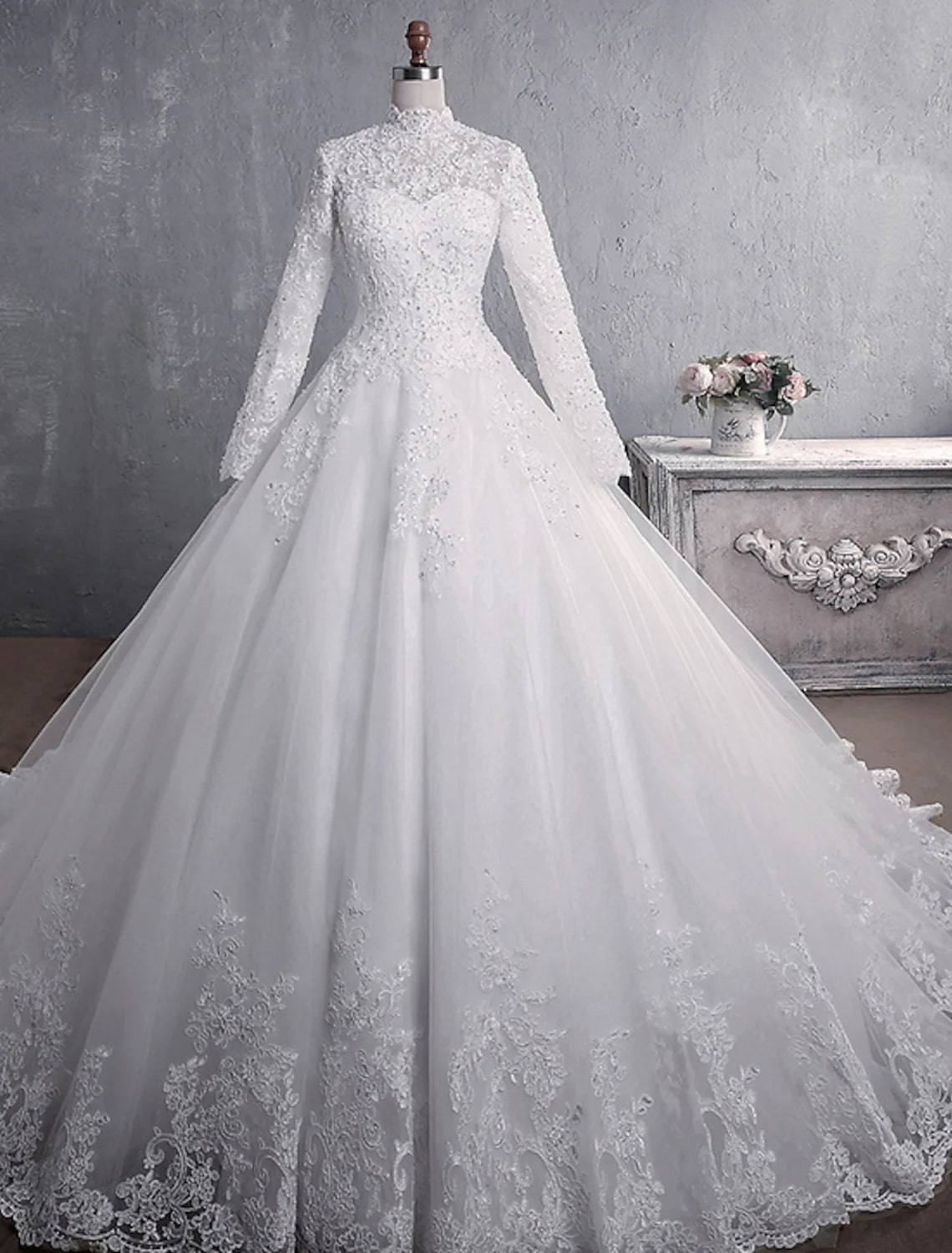 Price Rollback Engagement Formal Wedding Dresses Princess Long Sleeve High Neck Lace Appliques