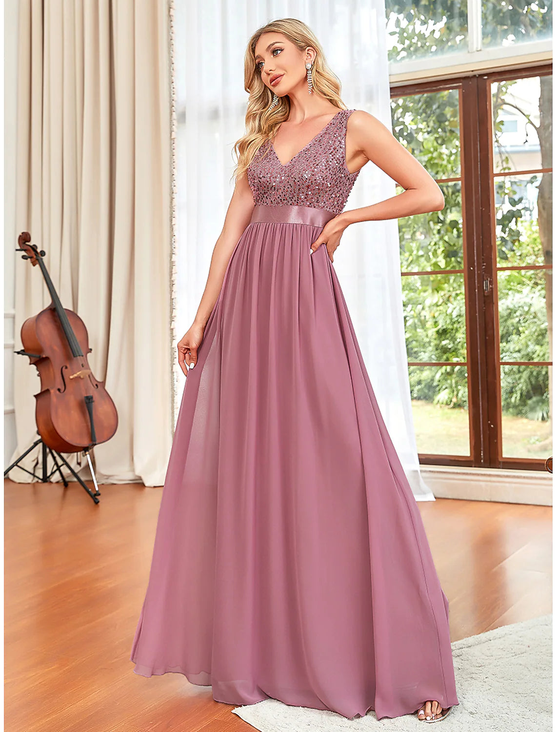 Amazing Deals A-Line Prom Dresses Elegant Dress Wedding Guest Floor Length Sleeveless V Neck Chiffon V Back Draping