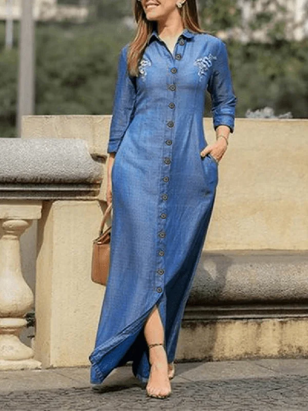 Best Bargains boho dressFloral Embroidery Lapel Collar Long Sleeve Button Daily Casual Maxi Shirt Dress for Women