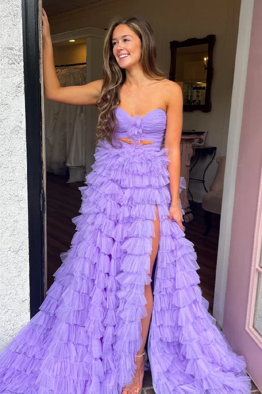 Get It Before It’s Gone cocktail dressLavender Strapless Layers A-line Ruffled Long Prom Dress with Slit