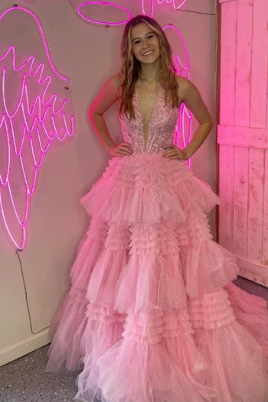 Hurry In statement dressPink Plunging V Halter Layers A-line Long Prom Dress