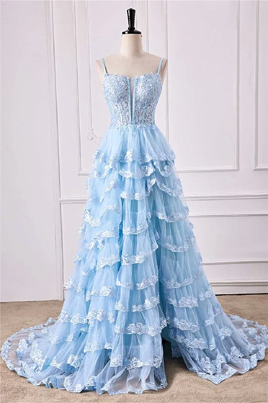 Doorbuster Deal t-shirt dressLight Blue Spaghetti Straps Floral Layers A-line Long Prom Dress with Slit