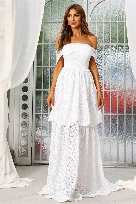 Shop and Save denim dressOff the Shoulder White Lace Layers Long Wedding Dress