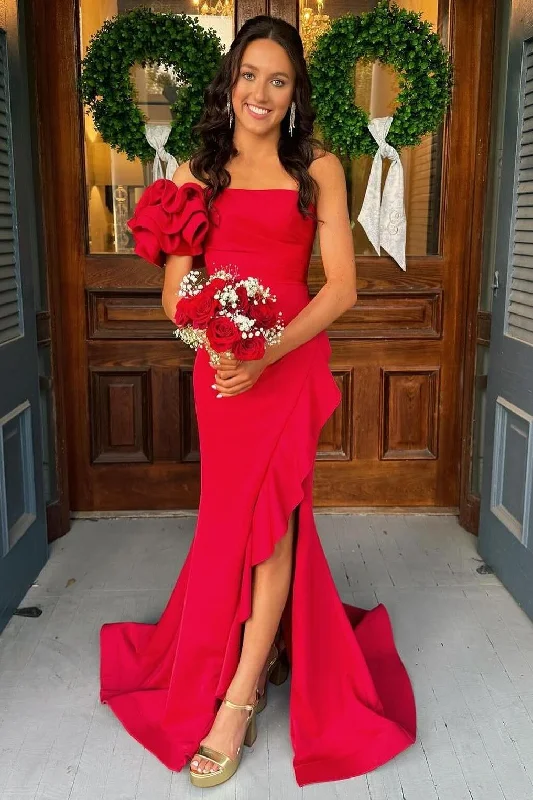 Final Sale one-shoulder dressRuffles One Shoulder Red Mermaid Long Formal Dress