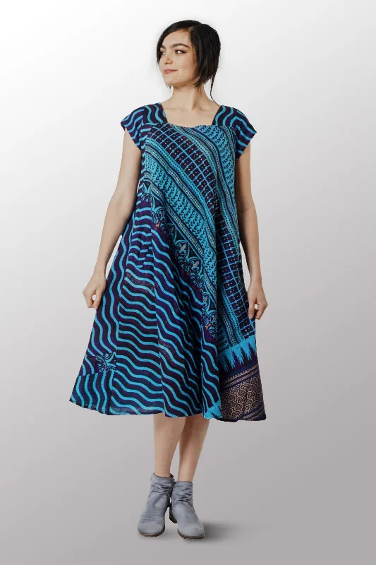 Extra Savings DESERT WAVES KANTHA SQUARE NECK FLARE DRESS - dw2431-blu -