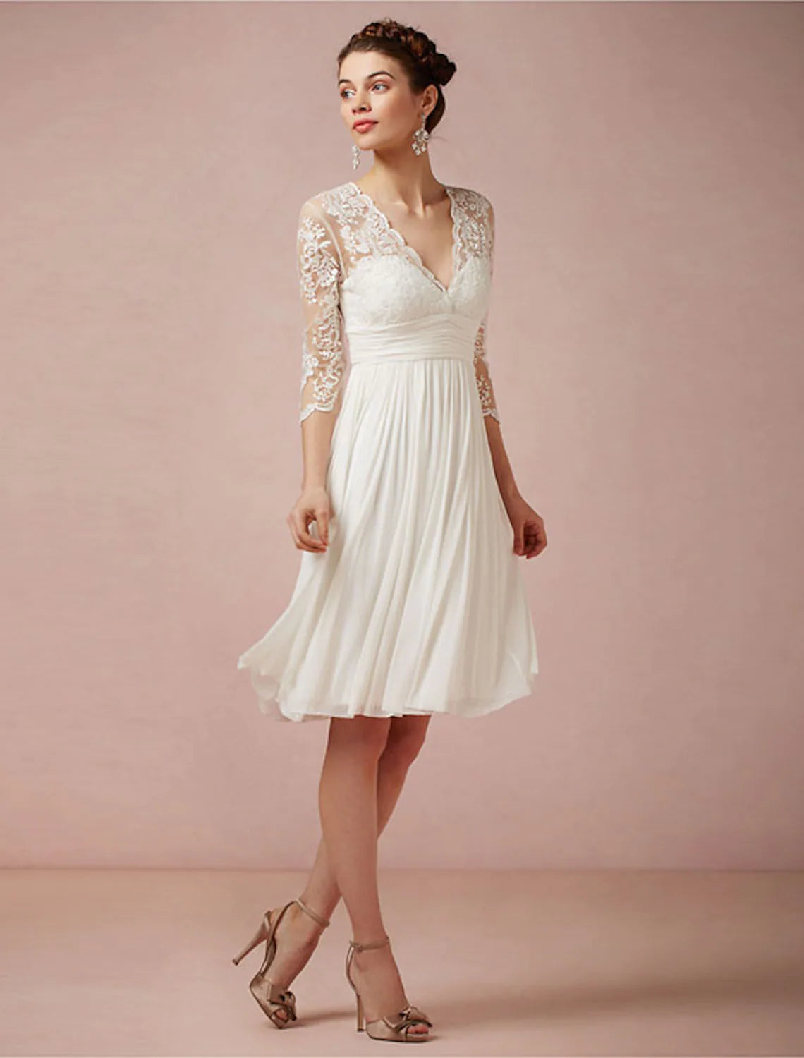 Final Clearance Bridal Open Back Little White Dresses Wedding Dresses Knee Length A-Line V Neck Chiffon