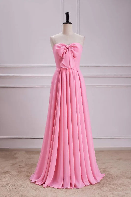 Price Drop Alert trendy dressCandy Pink Strapless A-line Long Bridesmaid Dress with Bow