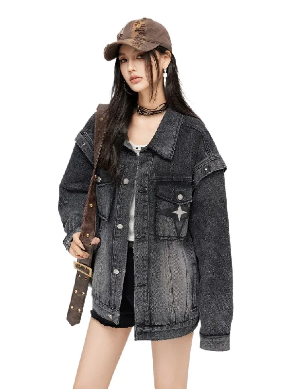 long-sleeve winter jacketWashed Turn-down Collar Denim Jacket