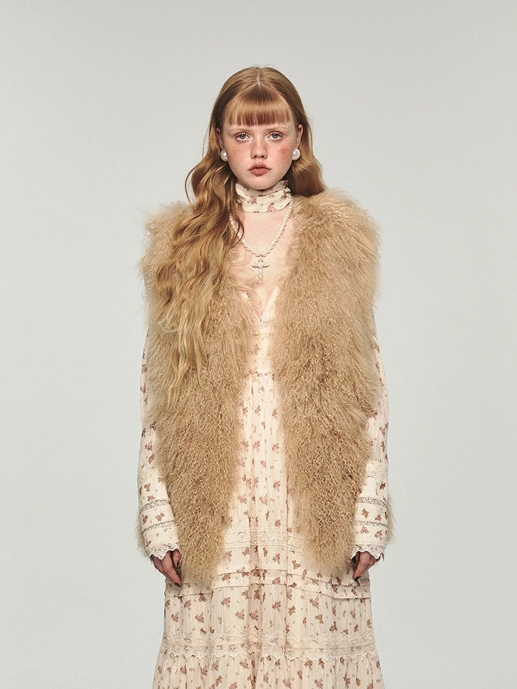 Final Clearance stylish lightweight coatCamel & Black Wool Straight-Cut Furry Vest