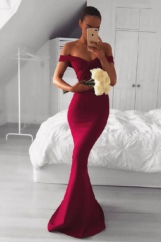 Today's Special floral dressElegant Off Shoulder Mermaid Wine Red Long Bridesmaid Dress