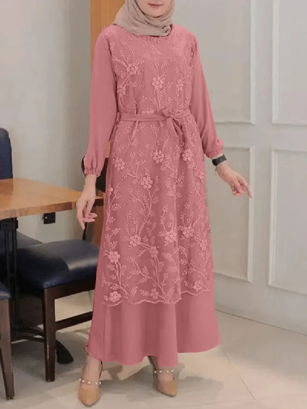 Unmissable Offer midi dressWomen Flowers Embroidery Stitching Lace up Casual Elastic Cuffs Maxi Dresses