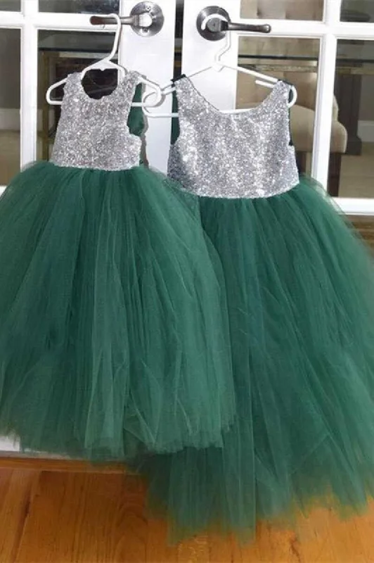 Instant Discount pleated maxi dressSilver & Green Sequins Sleeveless Flower Girl Dress