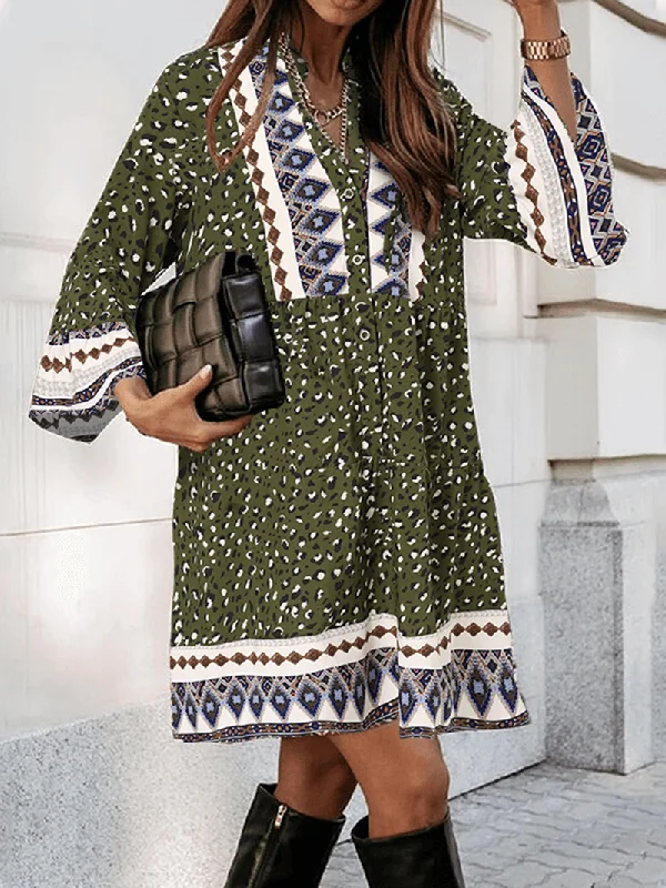 Clearance Sale t-shirt dressV-Neck Full Sleeve Floral Printed Bohemian Loose Dress for Women